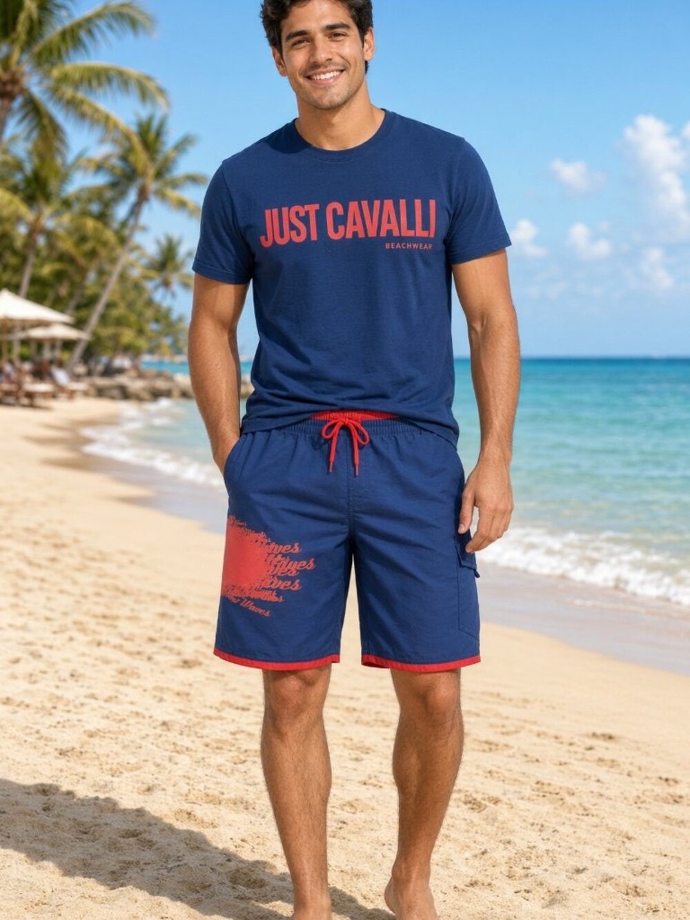 New Just Cavalli Men Blue & Red Board Shorts Jog Swim Trunks Beach  Volleball